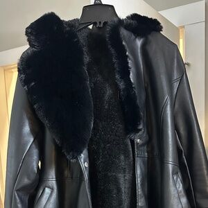 2X Vegan Leather Peplum Jacket with Hooded Faux Fur & Waist Strap